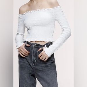 Zara White Off Shoulder Long Sleeve Ruffle Stretch Crop Top Women's Large